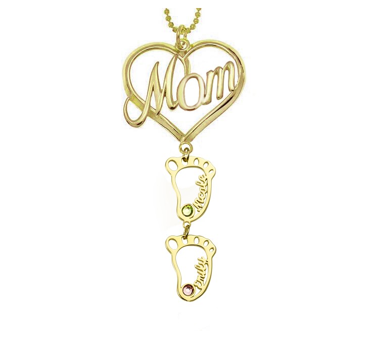 Personalized MOM Heart Pendant Birthstones Name Necklace with 1-10 Hollow BabyFeet Charms