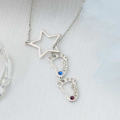 Personalized Baby Feet Charms Name Necklace With Birthstone For Mom Christmas's Day