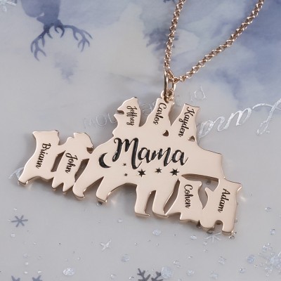 18K Rose Gold Plated Personalized Mama Bear Necklace 1-8 Names For Mother's Day Gift
