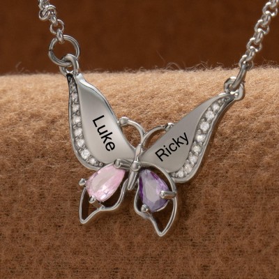 Personalised Couple Names Butterfly Necklace With Birthstones Valentine's Day Gifts