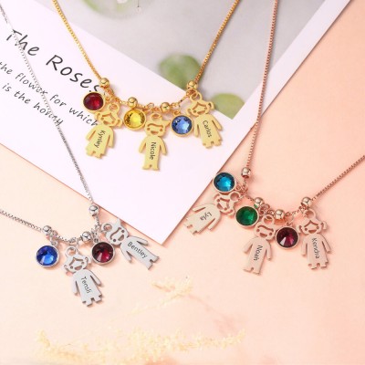 Silver Personalized 1-12 Kids Charms Pendants Names Engraved Necklace With Birthstone