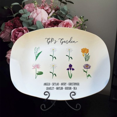 Grandma's Garden Personalized Birth Month Flower Family Platter With Grandchildren's Names