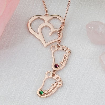 Personalized Baby Feet Charms Name Necklace With Birthstone For Mom Christmas's Day