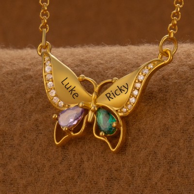 Personalised Couple Names Butterfly Necklace With Birthstones Valentine's Day Gifts
